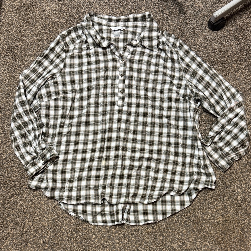 CJ Banks Plaid Shirt Green and Beige Buttons down back LN 3xl xxxl 3x
